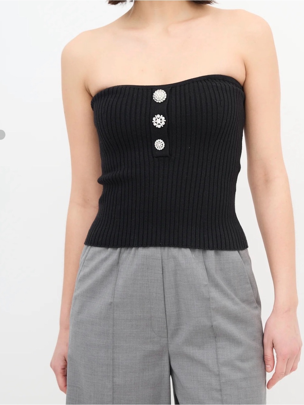 Black Strapless Ribbed Tube Top with Decorative Buttons